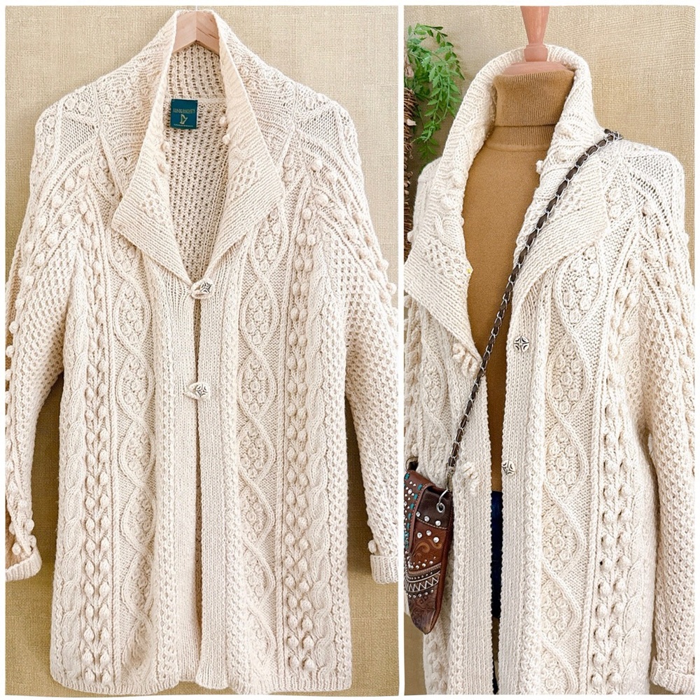 Eilis Irish Fisherman Cardigan Cabled Wool Hand Knitted Midi Jumper Sweater Coat
